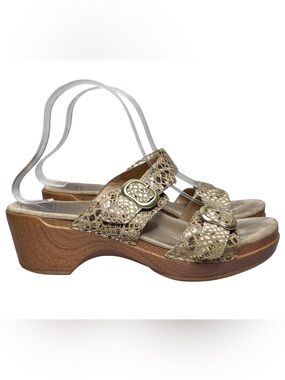 Dansko Sophie Snake Print Wooden Block Heel Sandals Sz 40